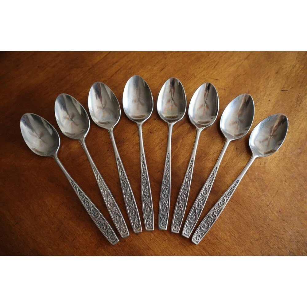 Lot 8x Imperial International IIC DAVOS Stainless Black Floral Teaspoon 6.4